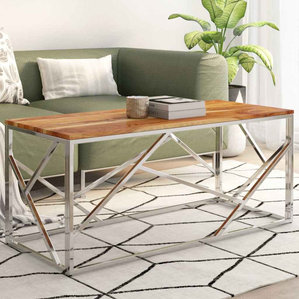 Table basse argenté acier inoxydable et bois massif d&rsquo;acacia